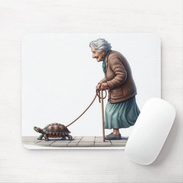 Old Lady Walking Her Turtle Mouse Pad (With Mouse)