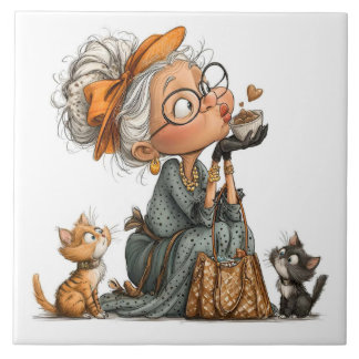 Old lady with her kittens ceramic tile