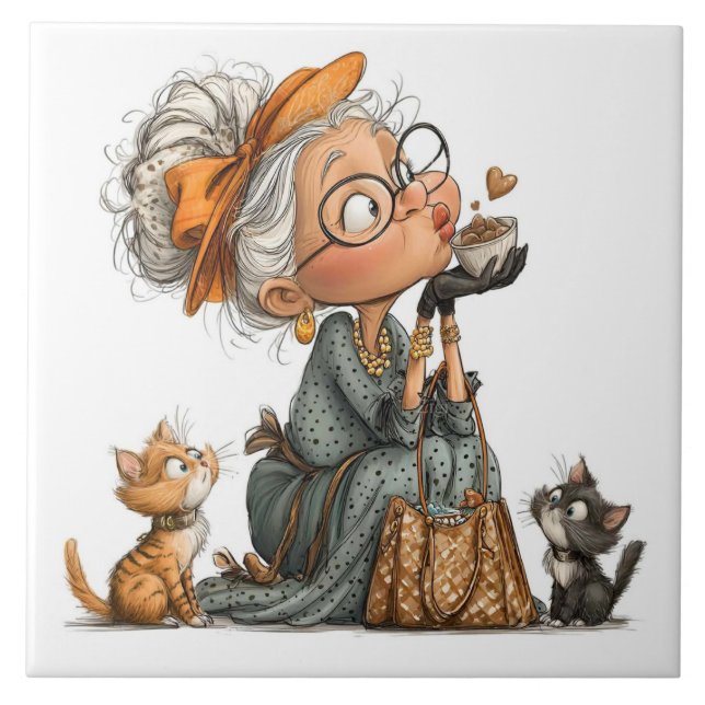 Old lady with her kittens ceramic tile (Front)