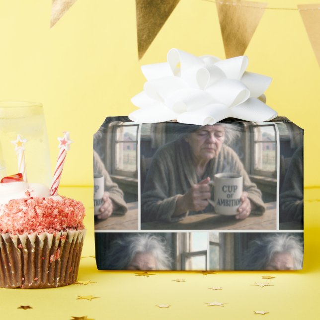Old Lady With Steaming Cup of Coffee Wrapping Paper (Birthday Party)