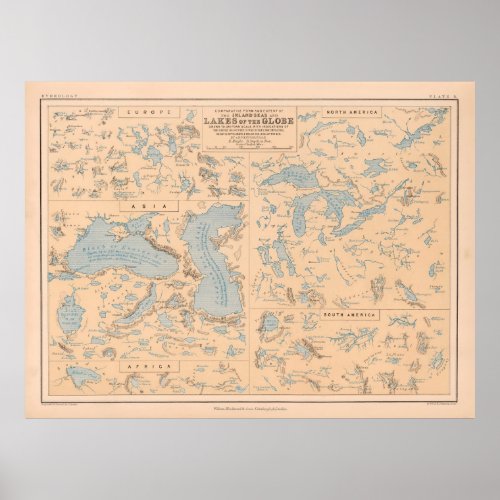Old Lakes of The World Map 1852  Poster