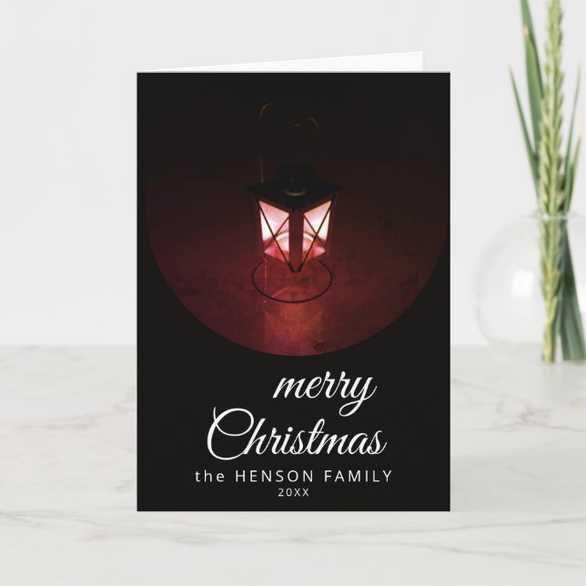 Old Lantern Light Merry Christmas Script Family Holiday Card (Front)