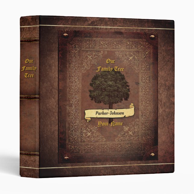 Old Leather Look Family Tree Binder w. indiv. Name (Front/Spine)