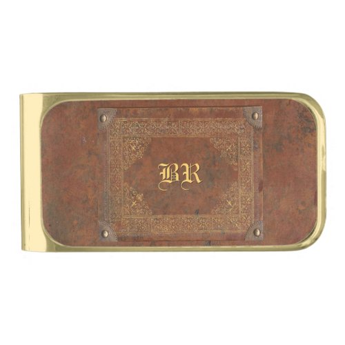 Old Leather Look with your Initials Gold Finish Money Clip