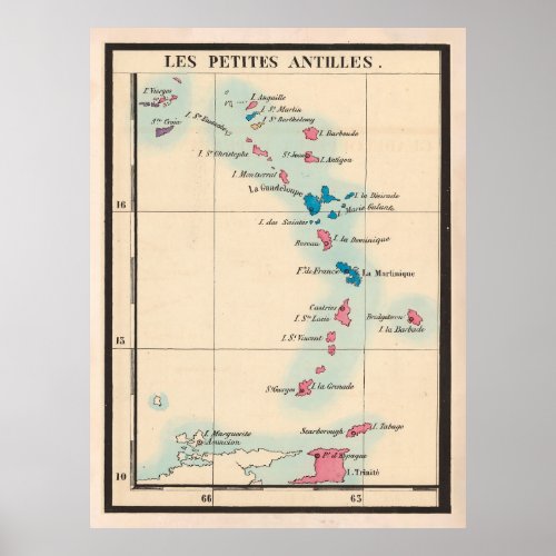 Old Lesser Antilles Map 1844 Vintage Caribbean  Poster