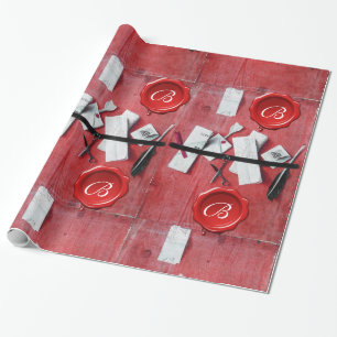 OLD LETTER HOLDER IN WOOD,RED WAX SEAL MONOGRAM WRAPPING PAPER