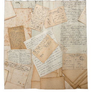 Old letters,  handwritings,  vintage postcards,  e shower curtain