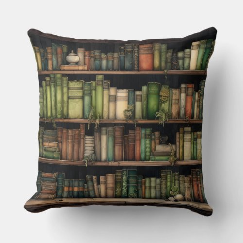 Old Library Bookcase Green Books Throw Pillow