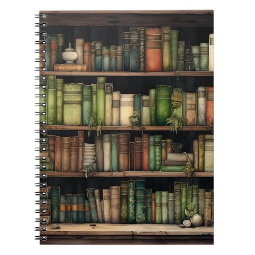 Old Library Bookcase With Green Books Notebook
