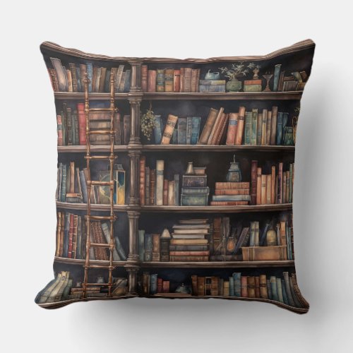 Old Library Bookcase With Ladder Throw Pillow