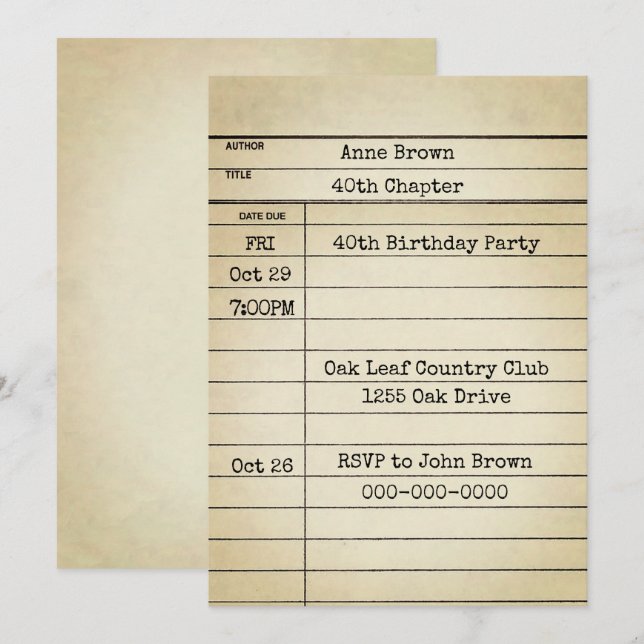 Old Library Card 40th Birthday Party (Front/Back)