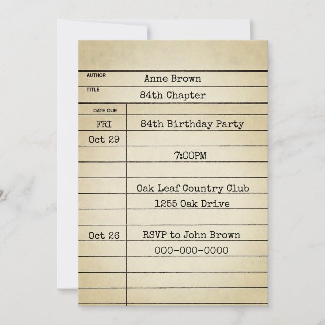 Old Library Card 84th Birthday Party (Front)
