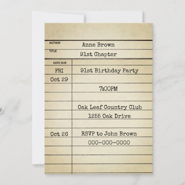Old Library Card 91st Birthday Party (Front)