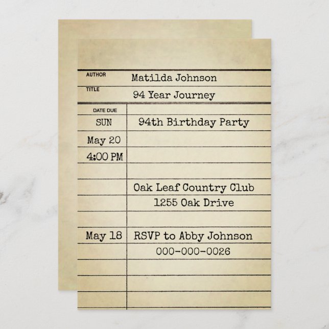 Old Library Card 94th Birthday Party (Front/Back)