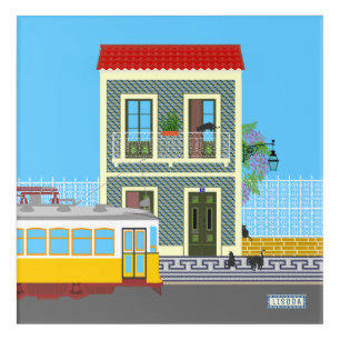 Old Lisbon house with cats  and yellow tram Acrylic Print