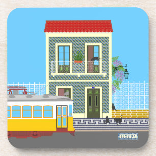 Old Lisbon house with cats  and yellow tram Beverage Coaster