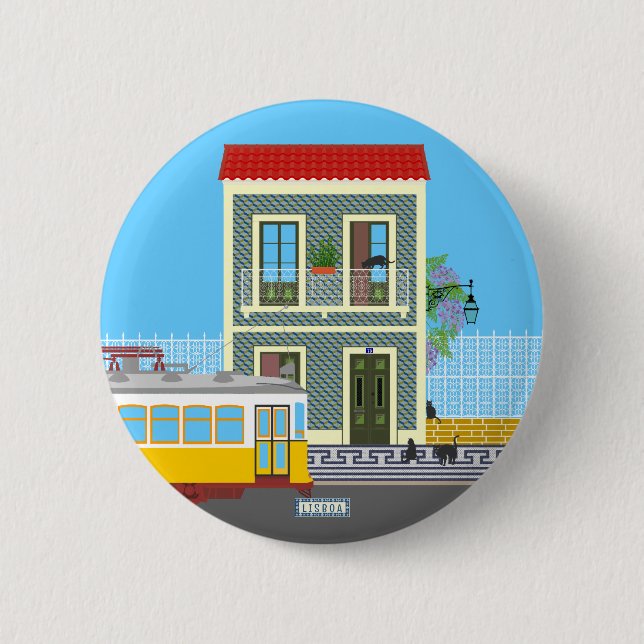 Old Lisbon house with cats  and yellow tram Button (Front)