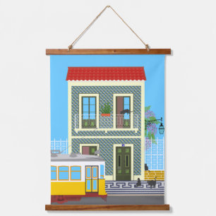 Old Lisbon house with cats  and yellow tram Hanging Tapestry