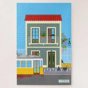 Old Lisbon house with cats and yellow tram Jigsaw Puzzle
