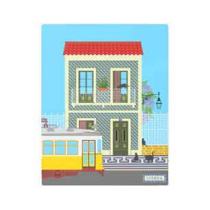 Old Lisbon house with cats  and yellow tram Metal Print