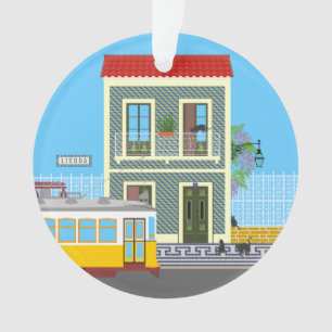 Old Lisbon house with cats  and yellow tram Ornament