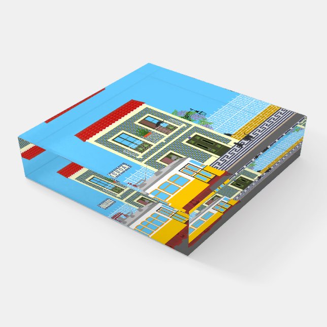 Old Lisbon house with cats  and yellow tram Paperweight (Angled)