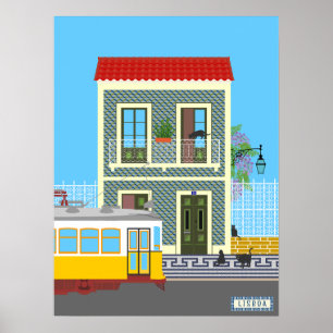 Old Lisbon house with cats and yellow tram Poster
