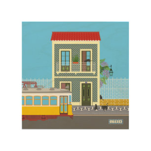 Old Lisbon house with cats and yellow tram Wood Wall Art