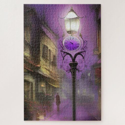 Old London Street with Clock Lamp in Purple Jigsaw Puzzle