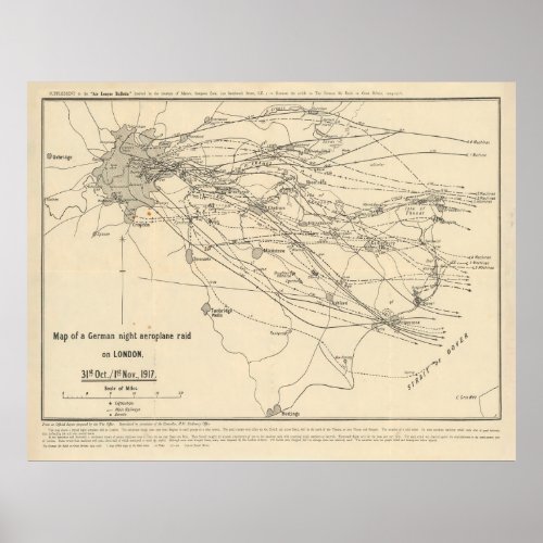Old London WWI German Airplane Raids Map 1917  Poster