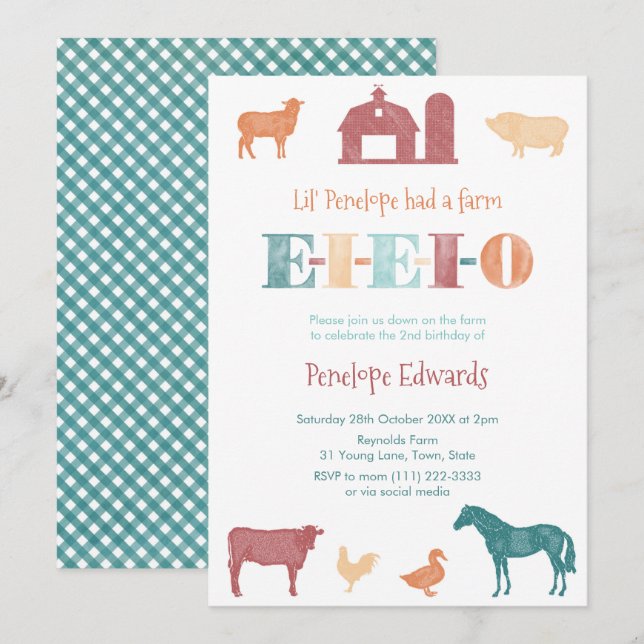 Old MacDonald Birthday Party, Farmyard Petting Zoo Invitation (Front/Back)