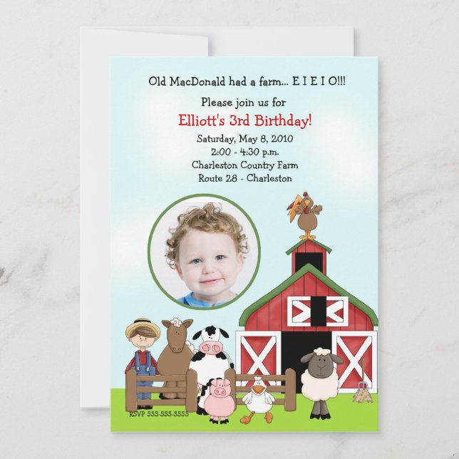 Old MacDonald EIEIO Farm Barnyard Birthday PHOTO Invitation (Front)