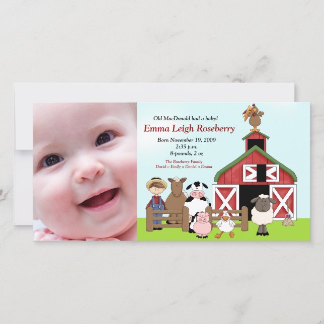 Old MacDonald Farm 8x4 Photo Birth Announcement (Front)