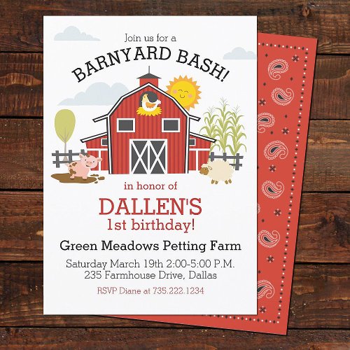 Old Macdonald Farm Barnyard 1st Birthday Party Invitation