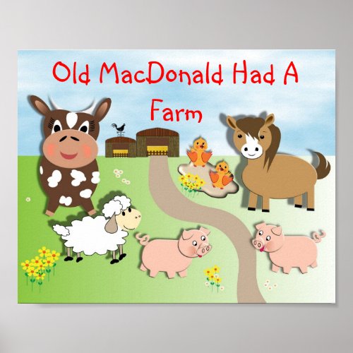 Old MacDonald Had A Farm Cute Kids Animal Picture Poster