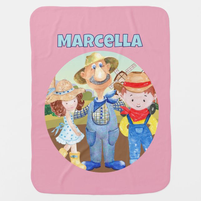 Old MacDonald's 🐮 Cute Farm Family Monogram Baby Blanket (Front)