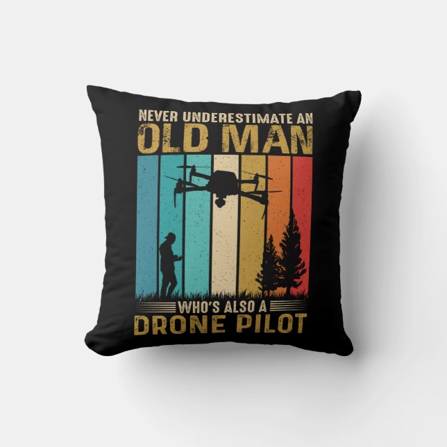 Old Man Drone Pilot Humorous Throw Pillow (Front)