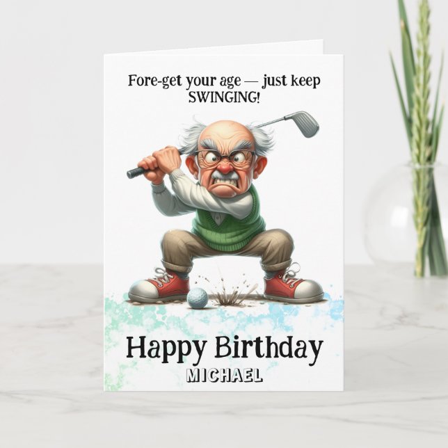 *~* Old Man Golf Swinging AP94 Funny Birthday Card (Front)