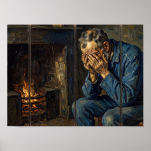 Old Man Grief by the Fireplace Painting Poster