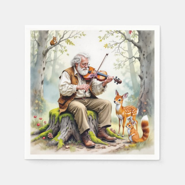 Old Man Playing a Fiddle In The Forest Napkins (Front)