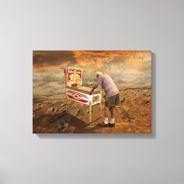 Old Man Playing Pinball in the Outback Surreal Art Canvas Print (Front)