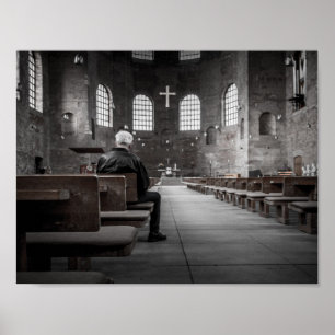 Old Man Praying Alone in Gothic Church Poster