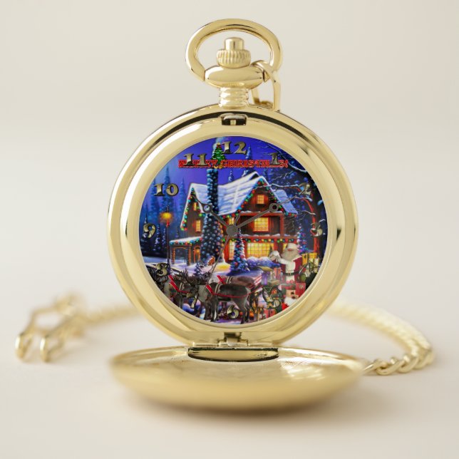 Old Man Santa Claus and Reindeer Pocket Watch (Inside)
