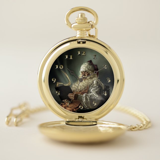 Old Man Santa Claus Reading His List Pocket Watch (Inside)