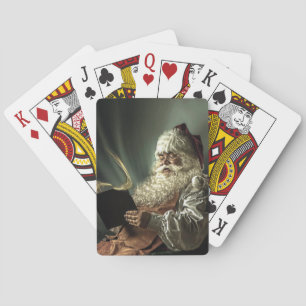 Old Man Santa Claus Reading His List Poker Cards