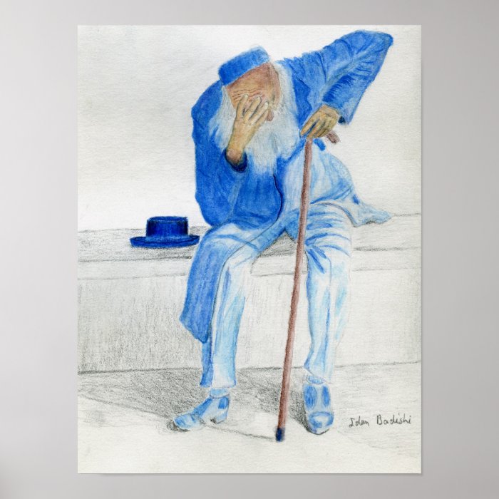 Old Man Sitting on a Bench, Wearing Blue Clothes Print