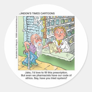 Old Man & The Pharmacy Funny Offbeat Cartoon Gifts Classic Round Sticker