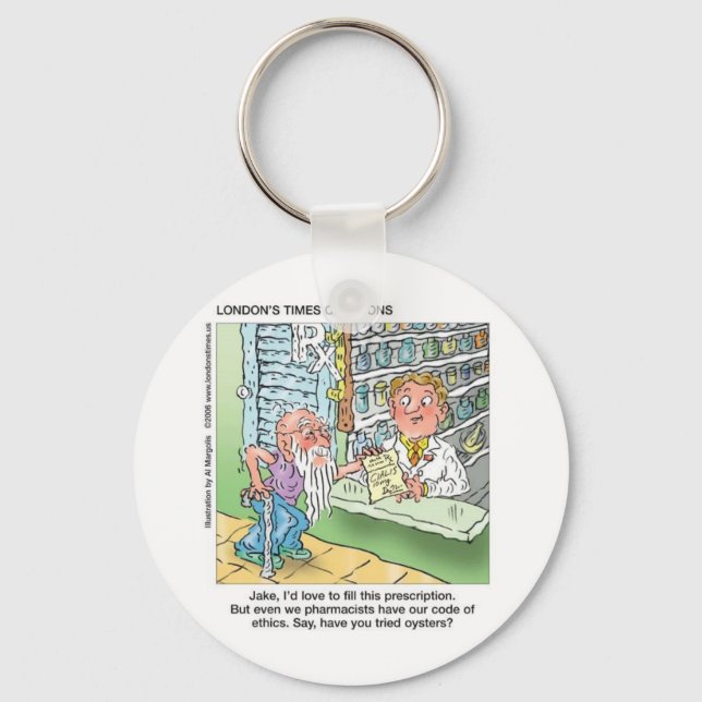 Old Man & The Pharmacy Funny Offbeat Cartoon Gifts Keychain (Front)