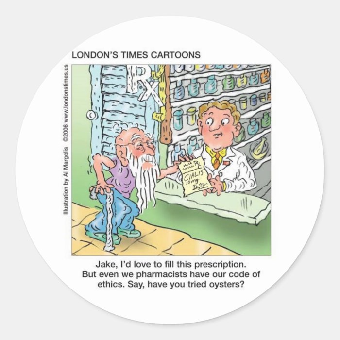 Old Man & The Pharmacy Funny Offbeat Cartoon Gifts Round Sticker