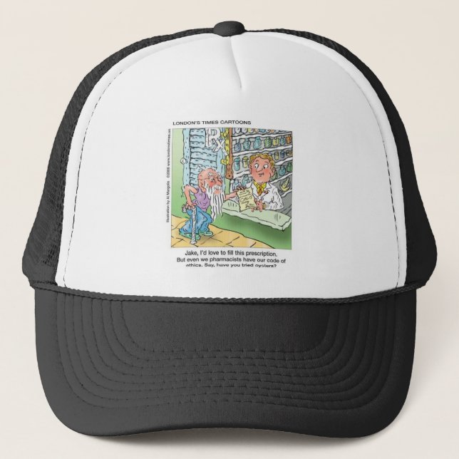 Old Man & The Pharmacy Funny Offbeat Cartoon Gifts Trucker Hat (Front)